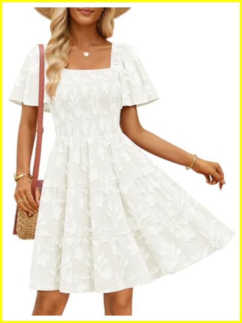 Boho Floral Smocked Mini Dress Square Neck Short Sleeve A-Line